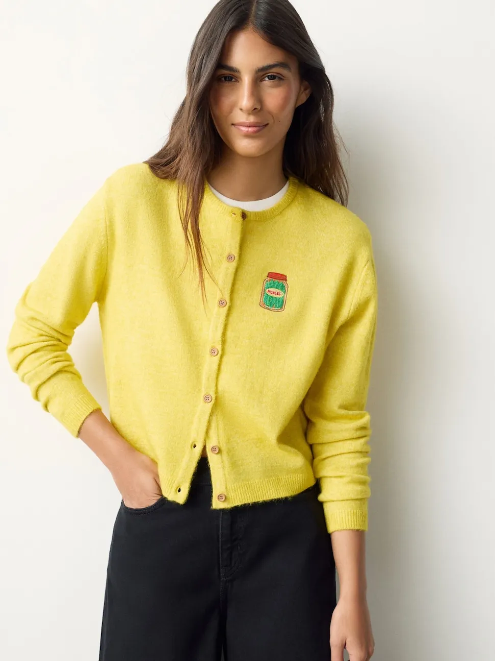Yellow Pickles Embroidery Crew Neck Knitted Cardigan With Wool
