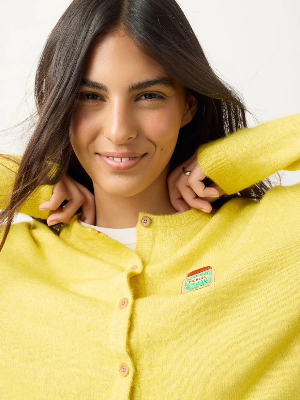 Yellow Pickles Embroidery Crew Neck Knitted Cardigan With Wool