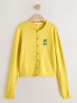 Yellow Pickles Embroidery Crew Neck Knitted Cardigan With Wool
