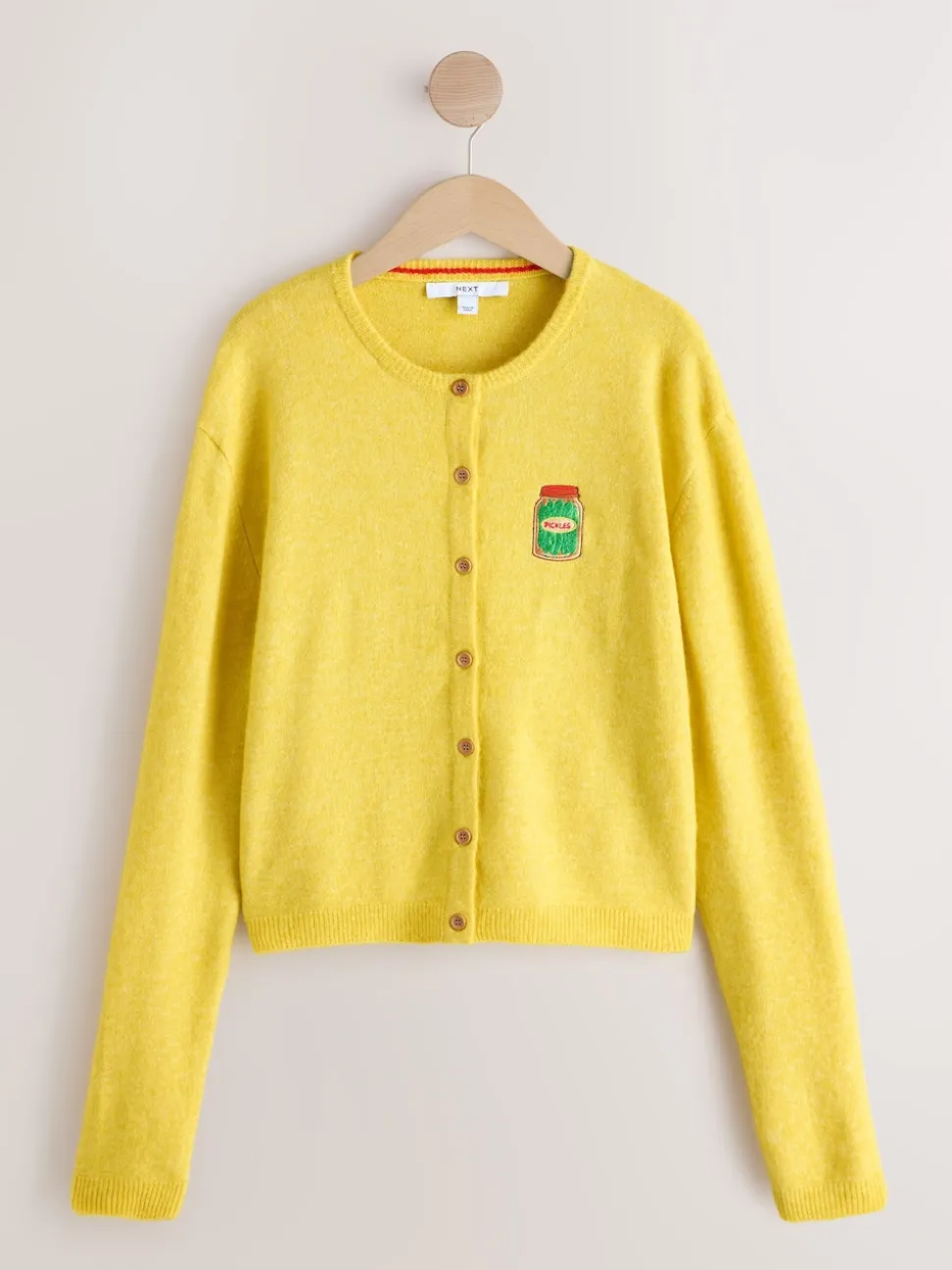 Yellow Pickles Embroidery Crew Neck Knitted Cardigan With Wool