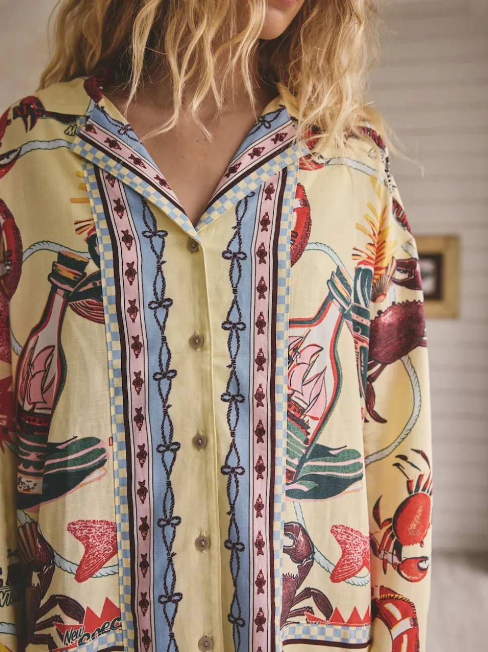 Yellow Viscose/Linen Blend Button Through Pyjamas