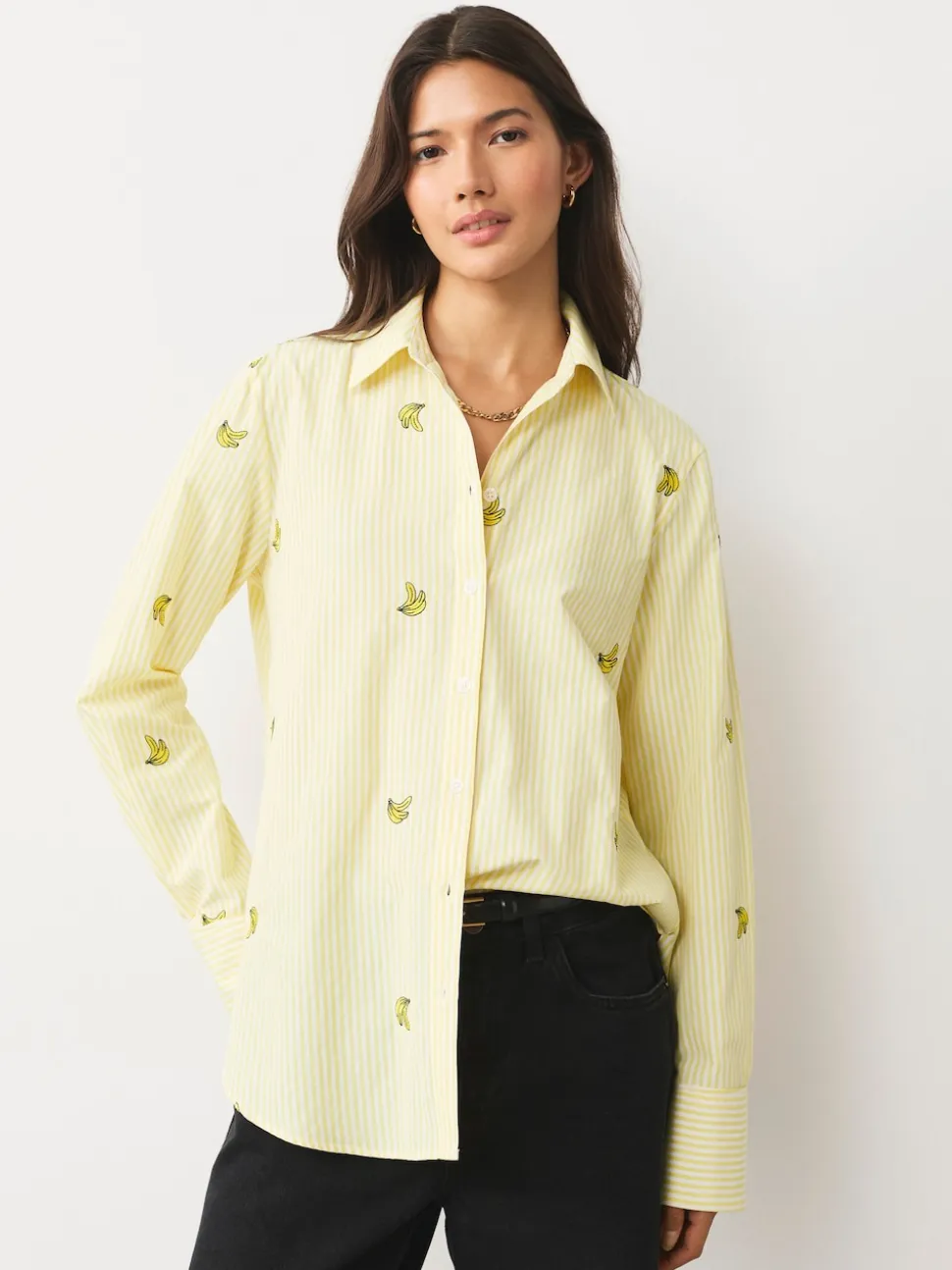 Yellow/White Stripe Banana Embroidered Long Sleeve Shirt