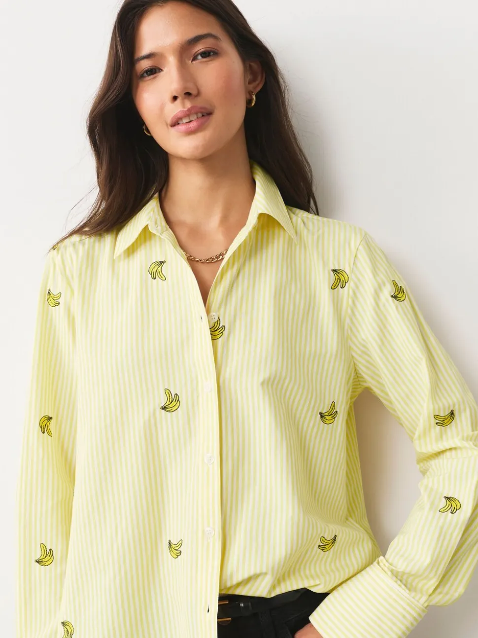 Yellow/White Stripe Banana Embroidered Long Sleeve Shirt