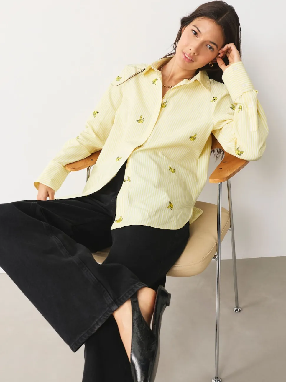Yellow/White Stripe Banana Embroidered Long Sleeve Shirt