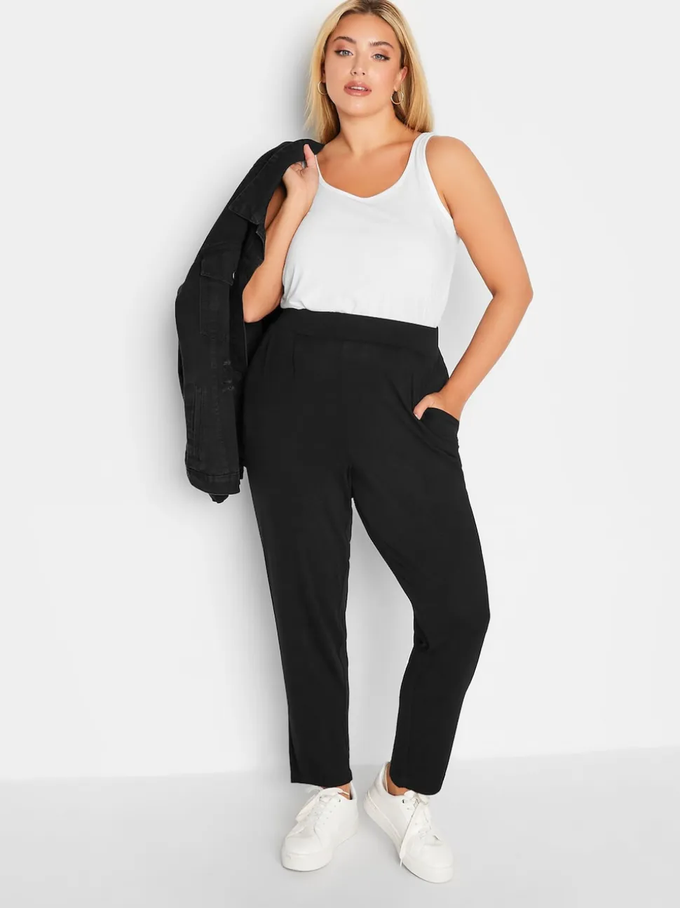 Yours Curve Black Double Pleat Stretch Jersey Joggers