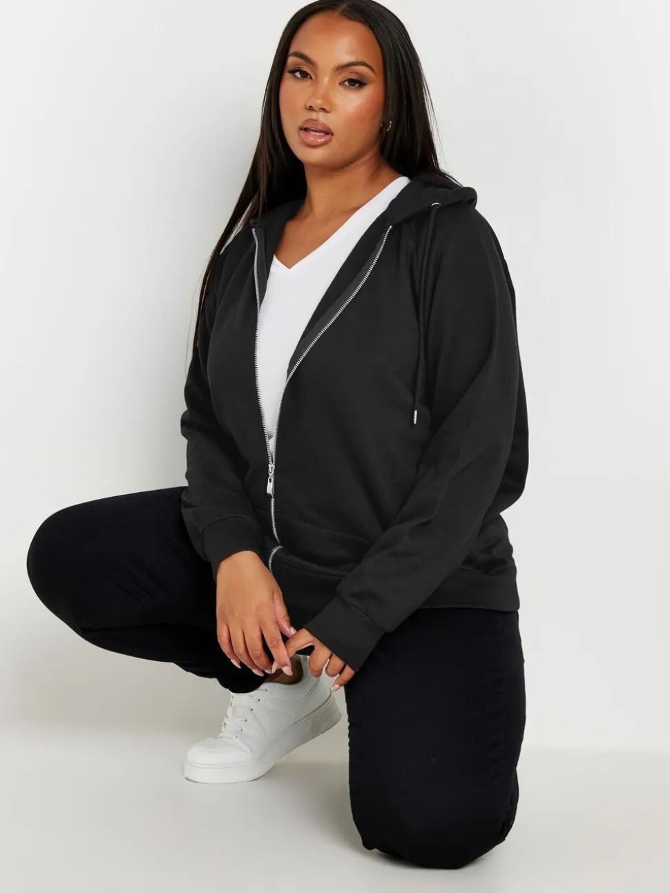 Yours Curve Black Essential Zip Through Hoodie