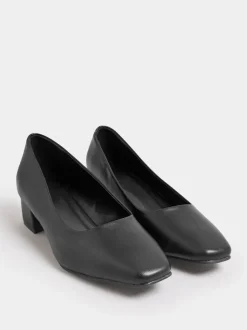 Yours Curve Black Extra Wide Fit Faux Leather Block Heel Court Shoes In Extra Wide EEE Fit