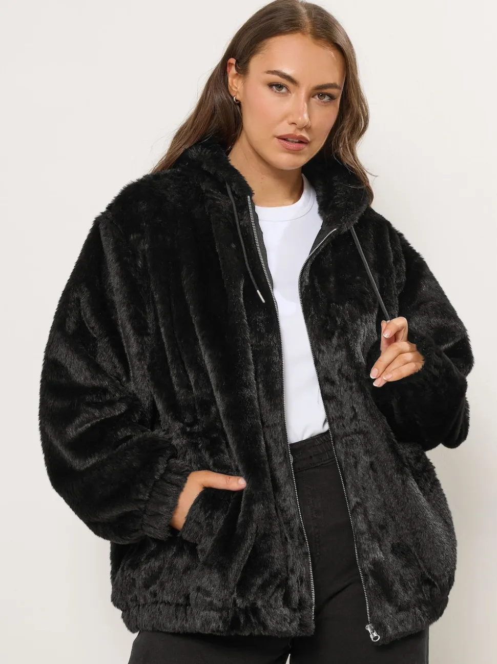 Yours Curve Black Faux Fur Zip Thru Hooded Fleece