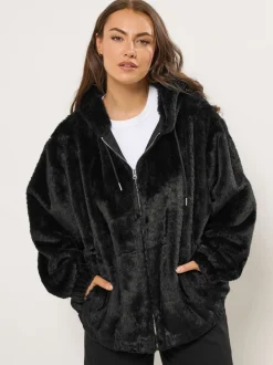 Yours Curve Black Faux Fur Zip Thru Hooded Fleece