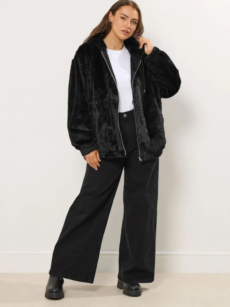 Yours Curve Black Faux Fur Zip Thru Hooded Fleece