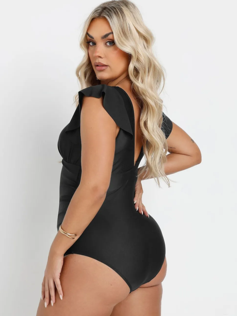 Yours Curve Black Frill Sleeve Swimsuit