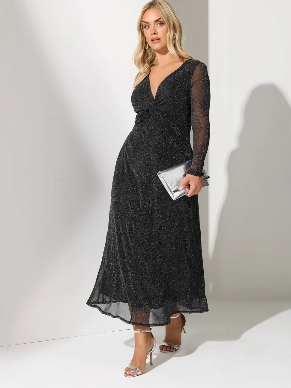 Yours Curve Black London Metallic Twist Front Maxi Dress