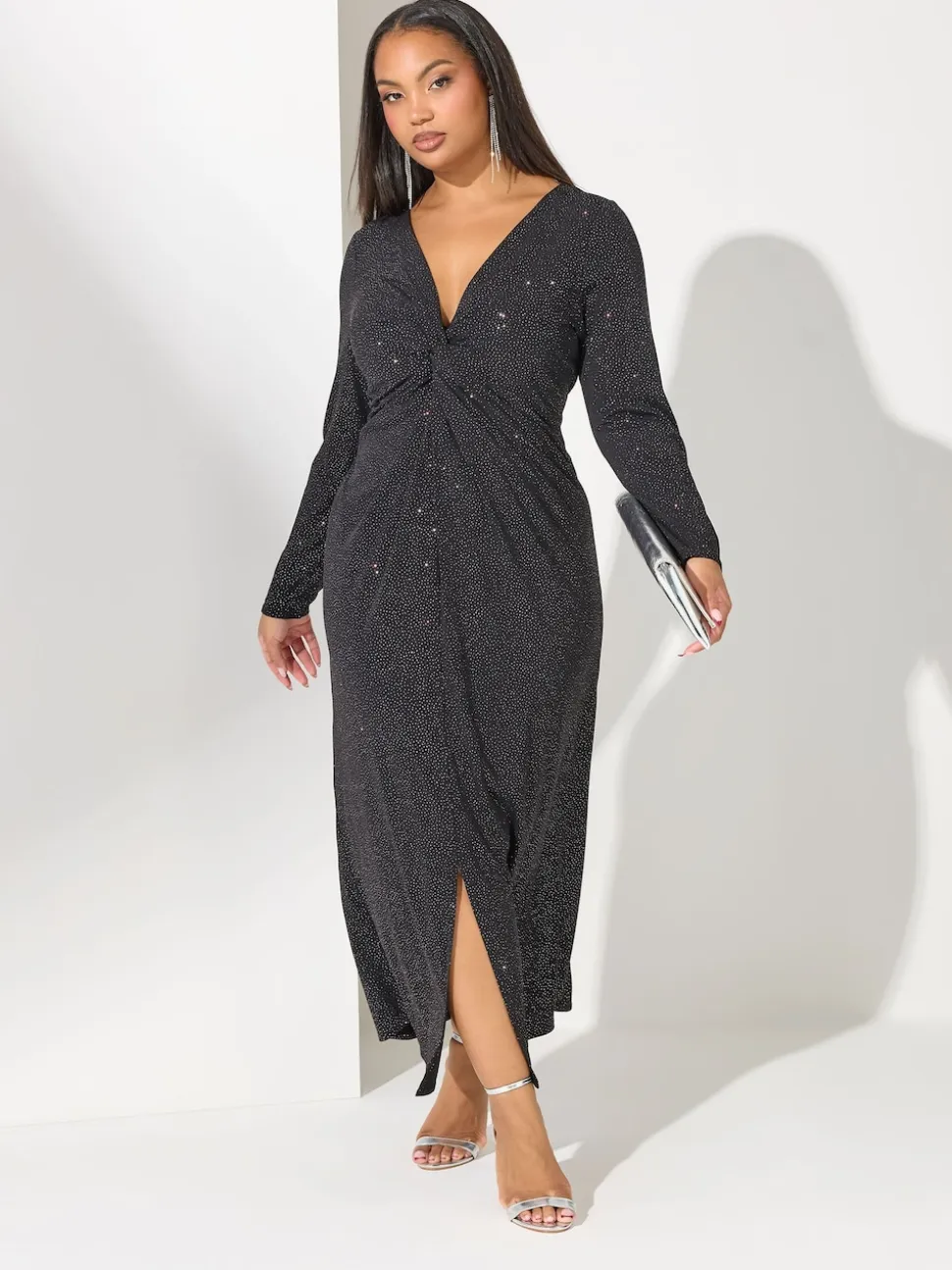 Yours Curve Black London Glitter Long Sleeve Knot Maxi Dress