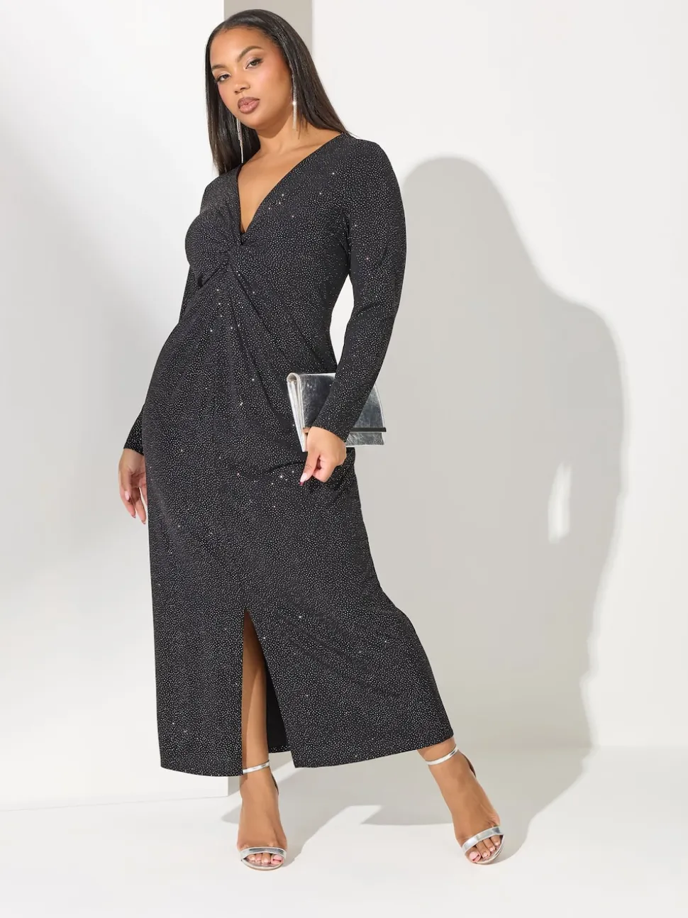 Yours Curve Black London Glitter Long Sleeve Knot Maxi Dress