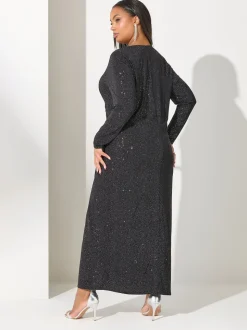 Yours Curve Black London Glitter Long Sleeve Knot Maxi Dress