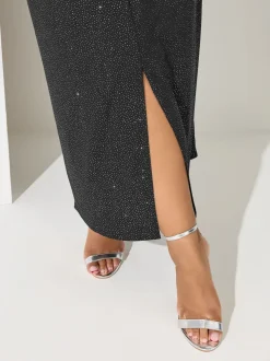 Yours Curve Black London Glitter Long Sleeve Knot Maxi Dress