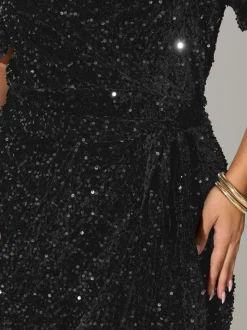 Yours Curve Black London Sequin Velvet Puff Sleeve Wrap Dress