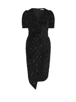 Yours Curve Black London Sequin Velvet Puff Sleeve Wrap Dress
