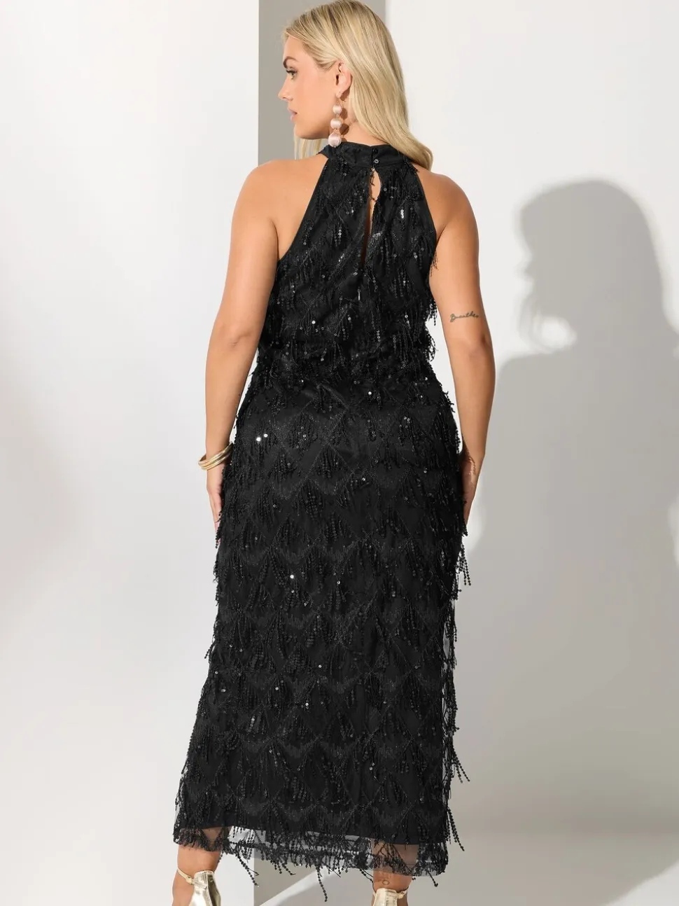 Yours Curve Black London Sequin Tassle Choker Dress