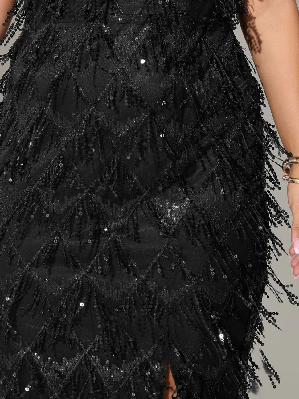 Yours Curve Black London Sequin Tassle Choker Dress