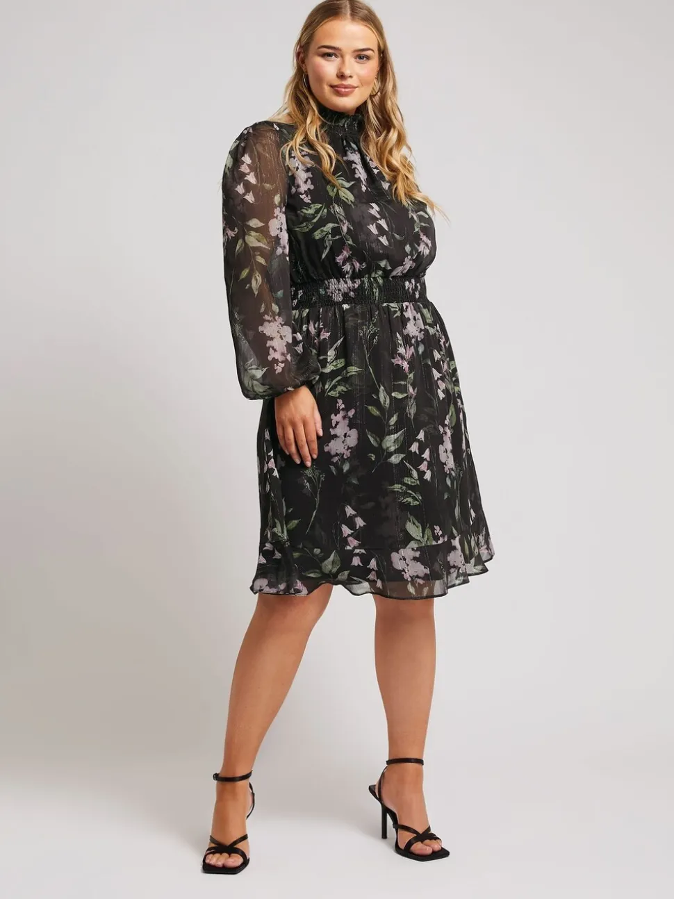 Yours Curve Black London Floral Shirred Waist Collar Dress