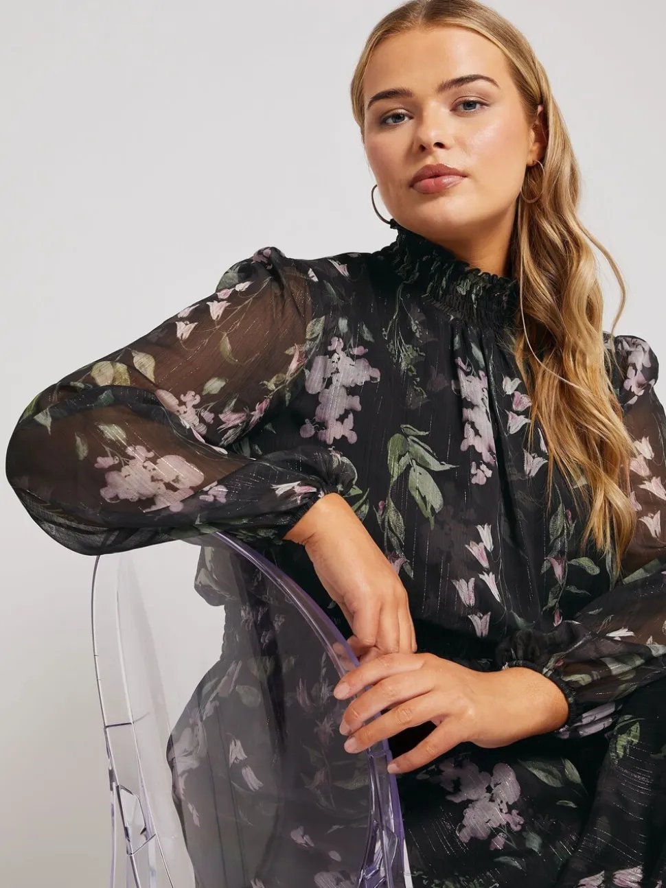 Yours Curve Black London Floral Shirred Waist Collar Dress
