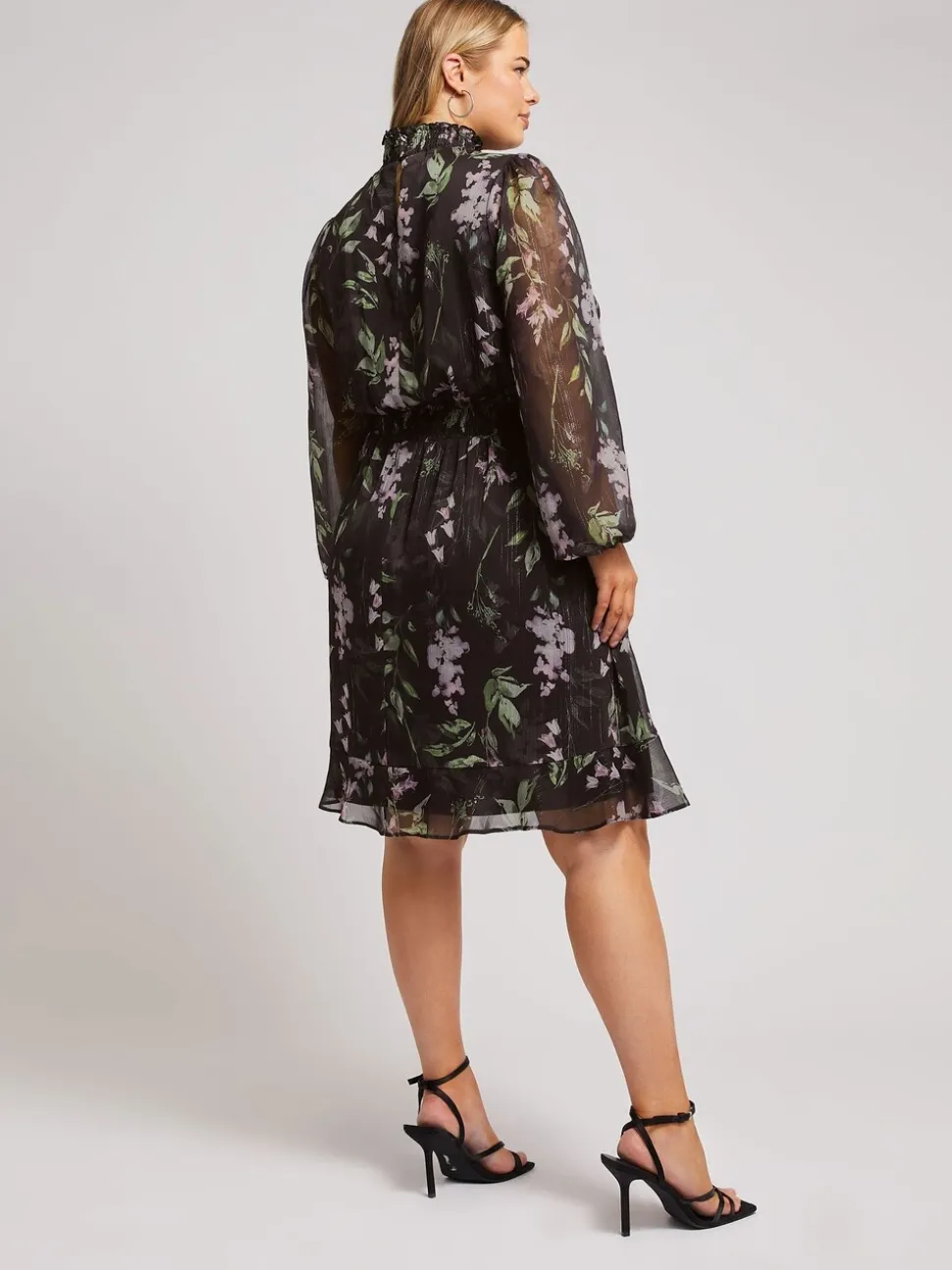 Yours Curve Black London Floral Shirred Waist Collar Dress