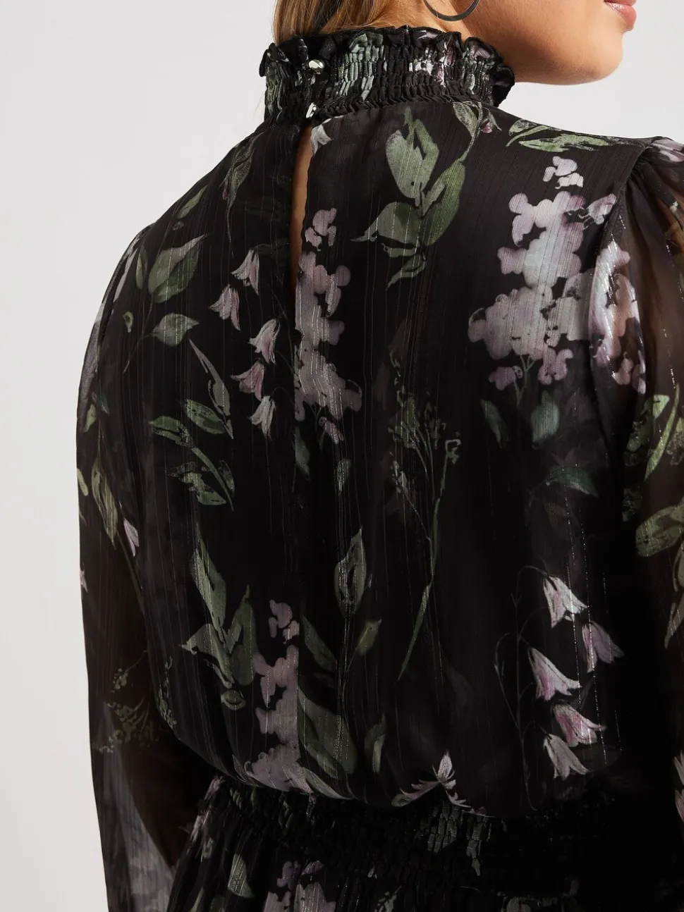 Yours Curve Black London Floral Shirred Waist Collar Dress