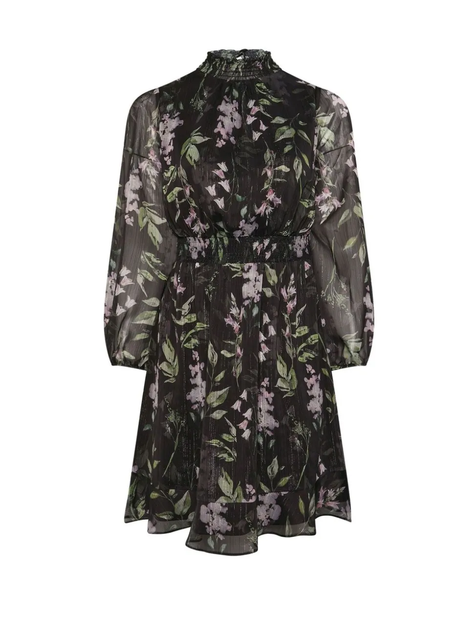 Yours Curve Black London Floral Shirred Waist Collar Dress