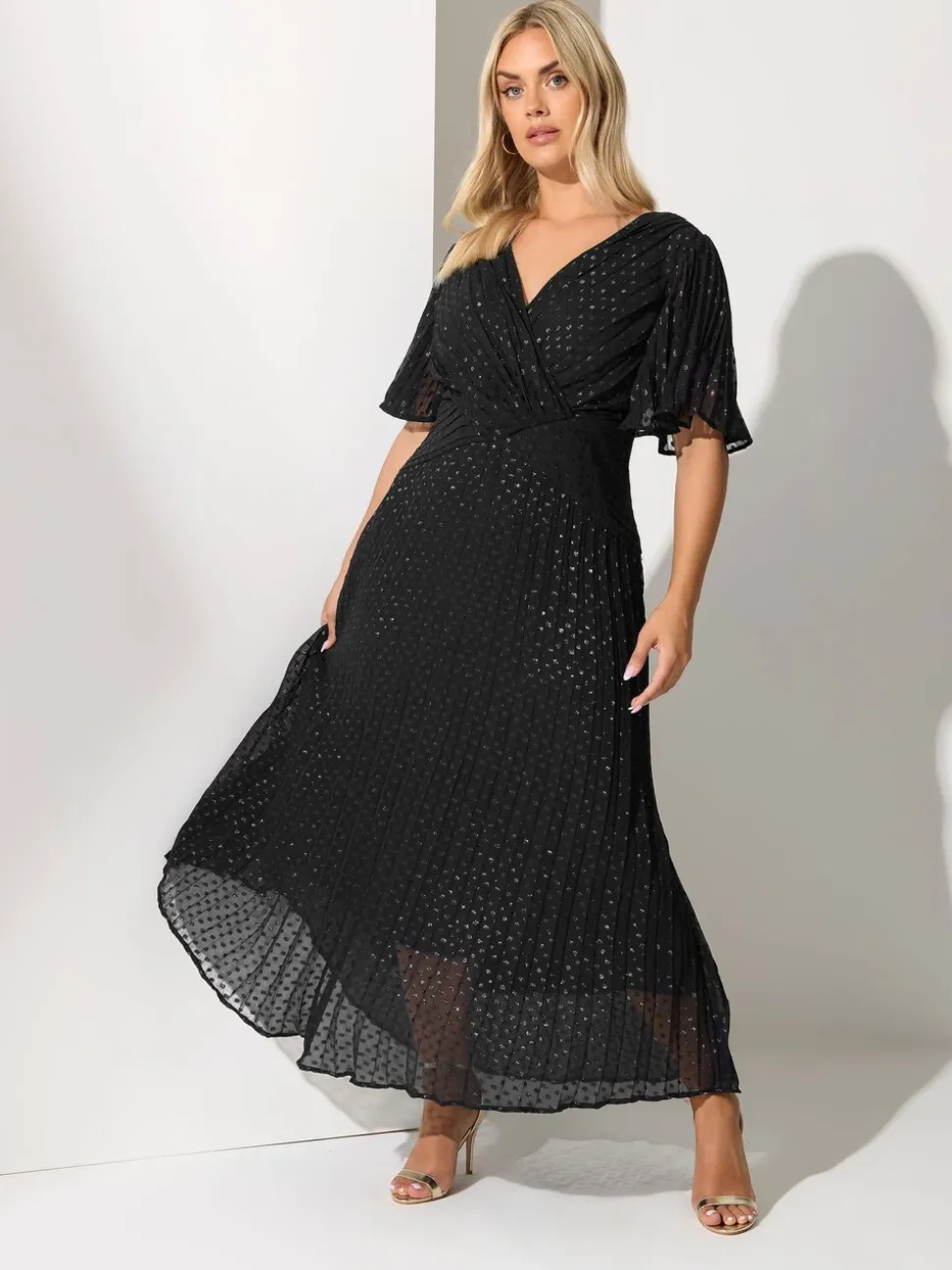 Yours Curve Black London Metallic Pleated Wrap Dress