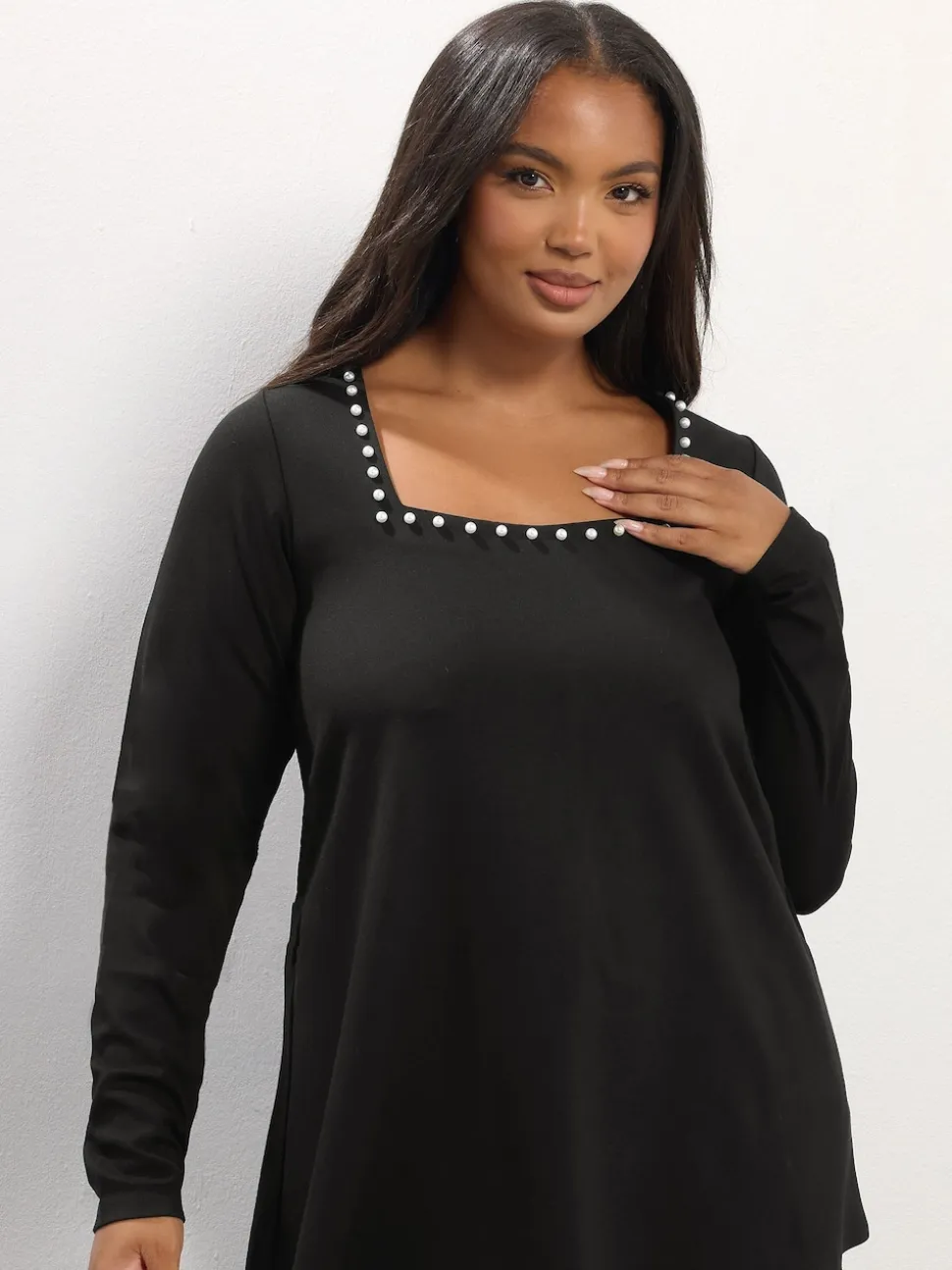 Yours Curve Black Long Sleeve Square Neck Swing Top