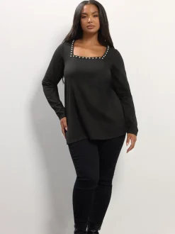 Yours Curve Black Long Sleeve Square Neck Swing Top