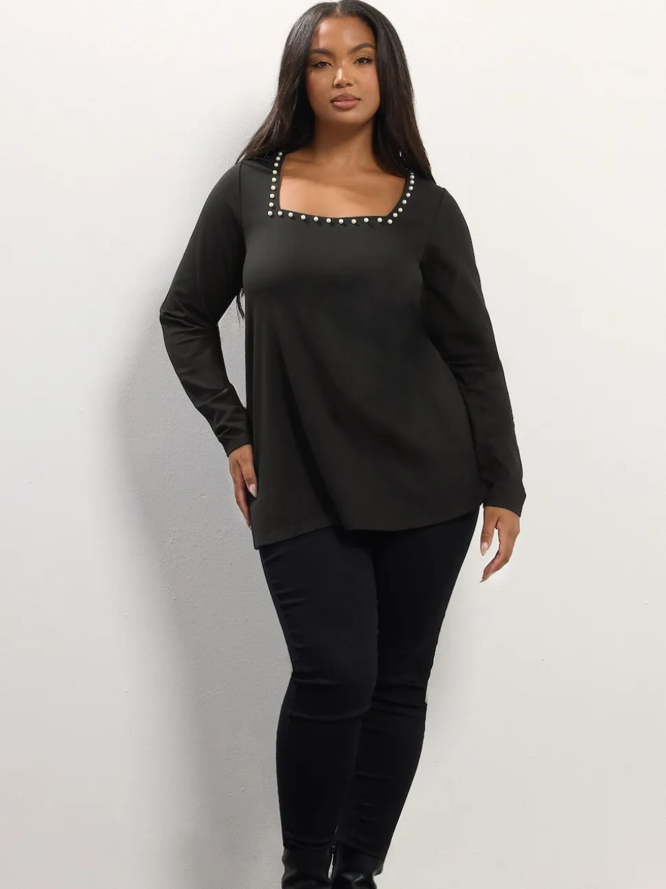 Yours Curve Black Long Sleeve Square Neck Swing Top