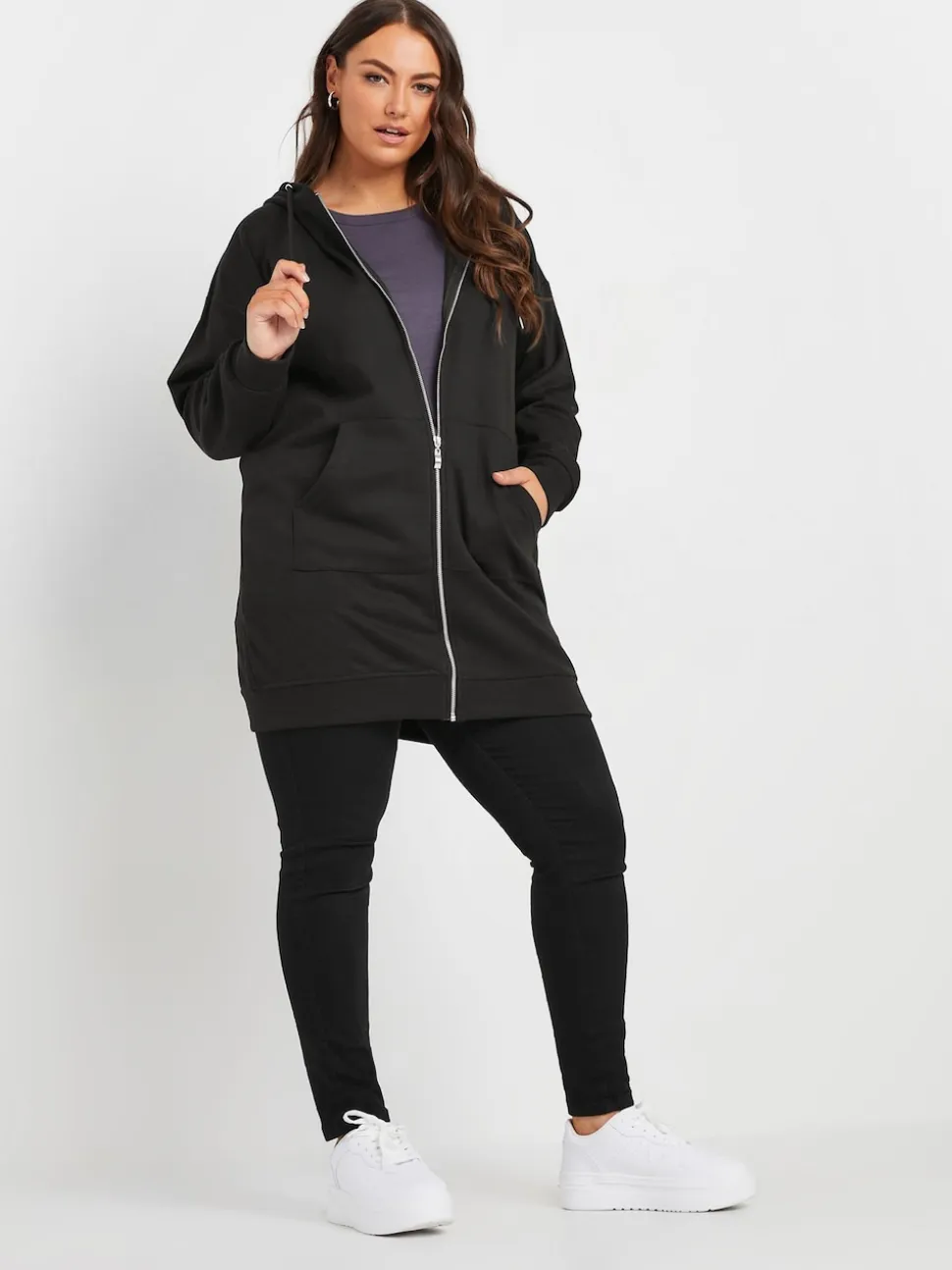 Yours Curve Black Longline Zip Through Hoodie