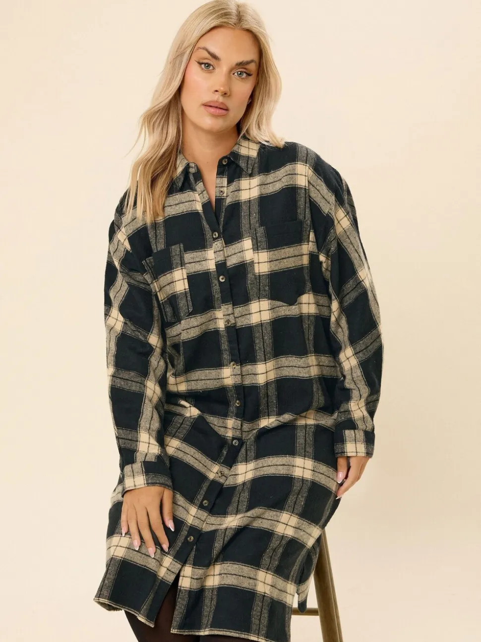 Yours Curve Black Longline Check Shirt