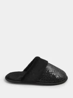 Yours Curve Black Sequin Slippers