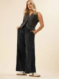 Yours Curve Black Wide Fit Wide Leg Seam Front Jeans