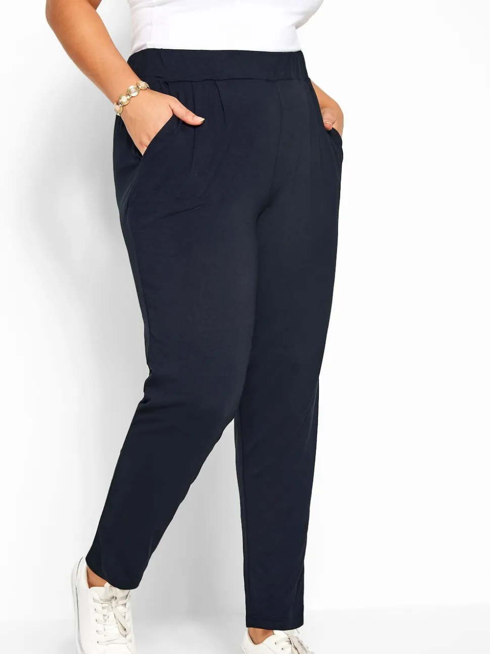 Yours Curve Blue Double Pleat Stretch Jersey Joggers