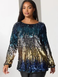 Yours Curve Blue London Multi Bow Back Sequin Ombre Top