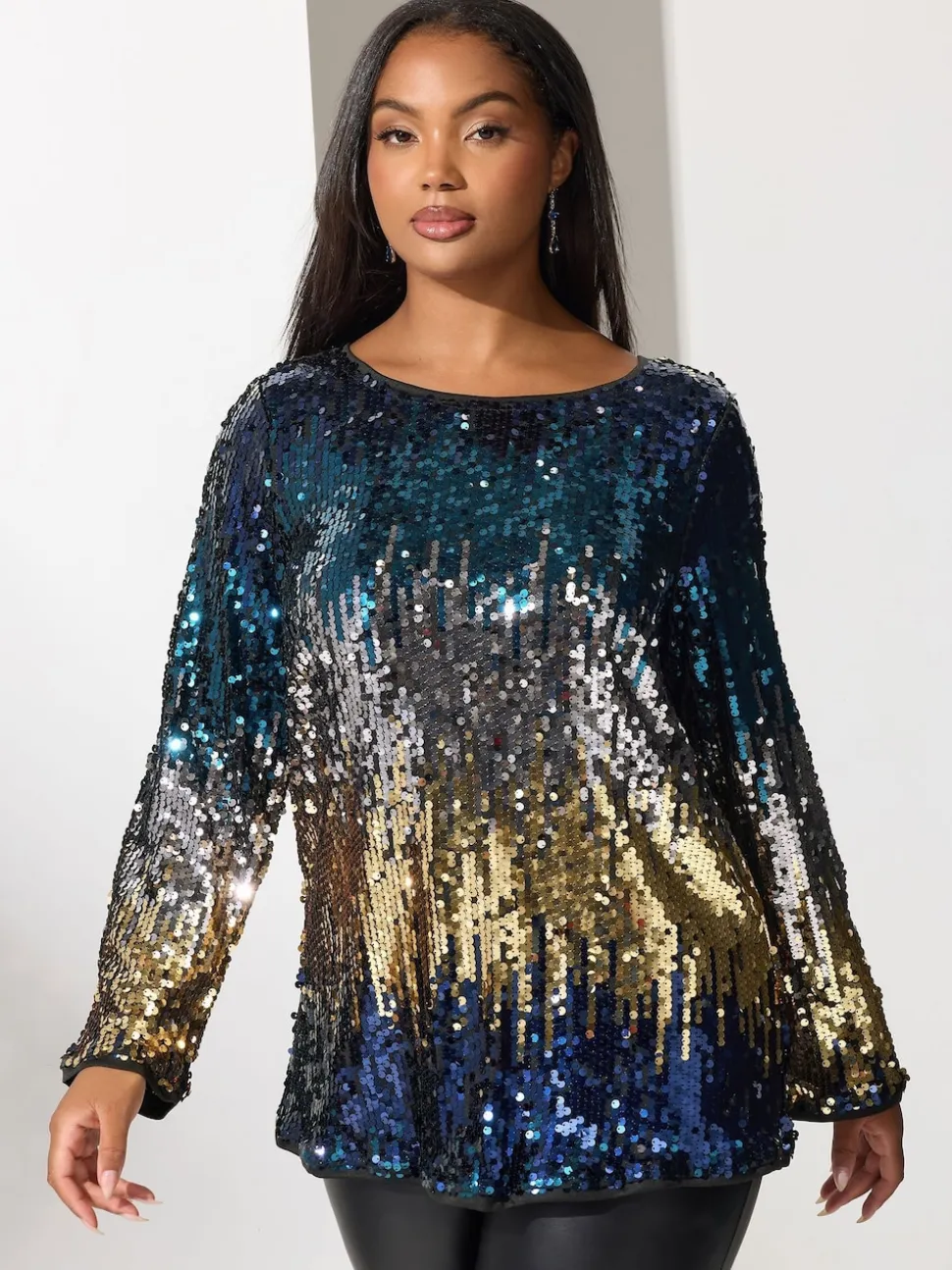 Yours Curve Blue London Multi Bow Back Sequin Ombre Top