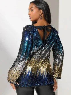 Yours Curve Blue London Multi Bow Back Sequin Ombre Top