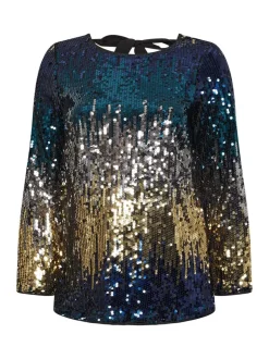 Yours Curve Blue London Multi Bow Back Sequin Ombre Top