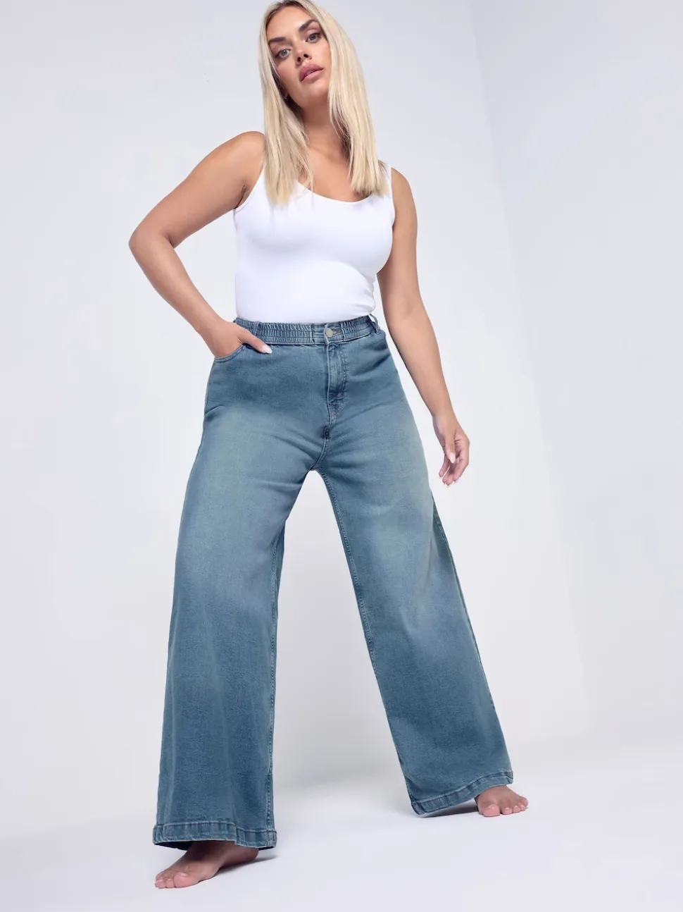 Yours Curve Blue Wide Leg Pull On Puddle Jeans