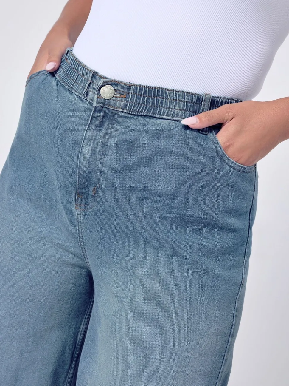 Yours Curve Blue Wide Leg Pull On Puddle Jeans