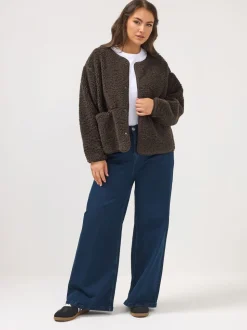Yours Curve Brown Collarless Popper Fleece