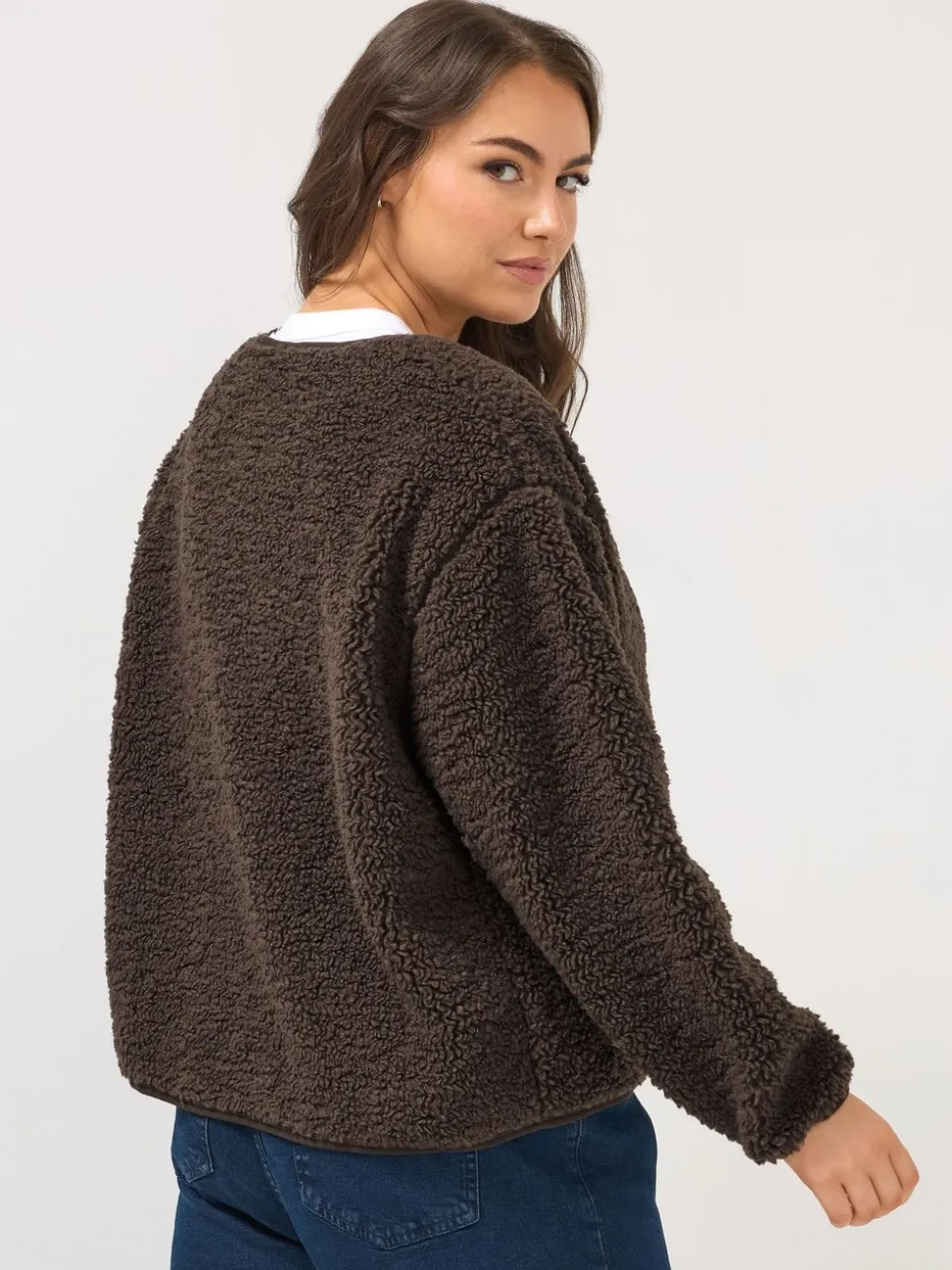 Yours Curve Brown Collarless Popper Fleece