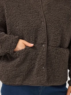 Yours Curve Brown Collarless Popper Fleece