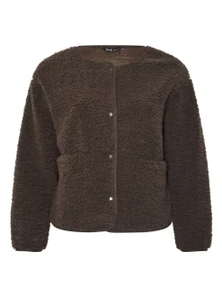Yours Curve Brown Collarless Popper Fleece