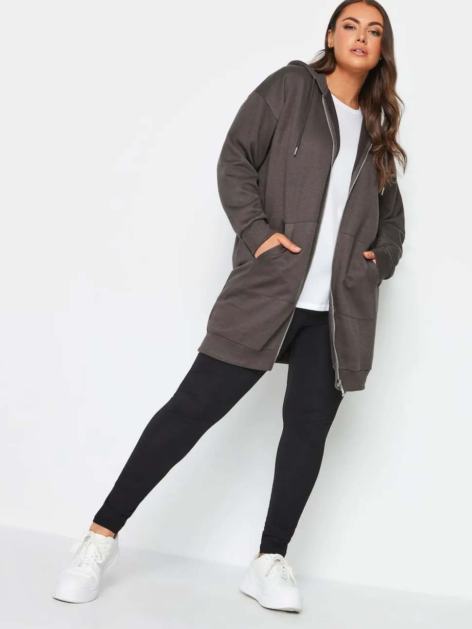 Yours Curve Grey Longline Zip Through Hoodie