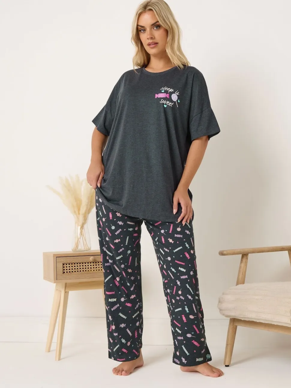 Yours Curve Grey Short Sleeve Wide Leg Pyjamas Set